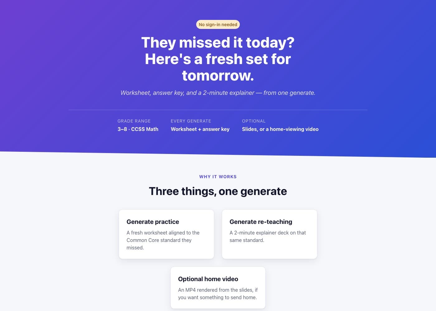 Re-Teach Tomorrow landing page prototype, showing the 'They missed it today?' hero and the three-step "Generate practice / Generate re-teaching / Optional home video" overview