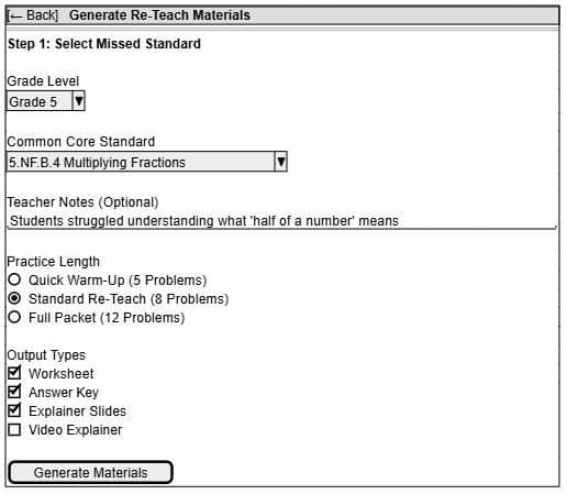 Wireframe of the standard-selection step, with grade level, Common Core standard, and practice-length options