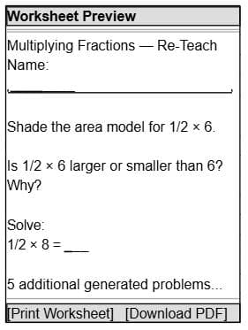 Wireframe of a generated worksheet preview on multiplying fractions, with print and download-PDF buttons