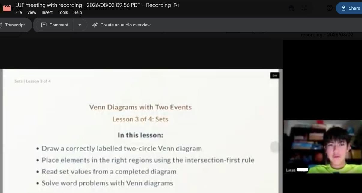 K12worX tutor Lucas teaching P7 set relationships with Venn diagrams via Google Meet, Aug 2026